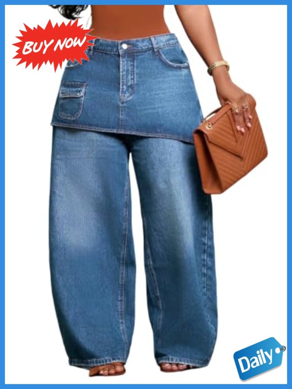 Wide Leg Patchwork Cargo Jeans with Skirt Overlay